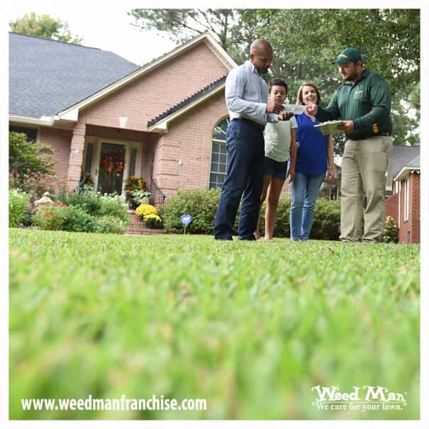 a graphic of a landscaping service provider speaking to a family