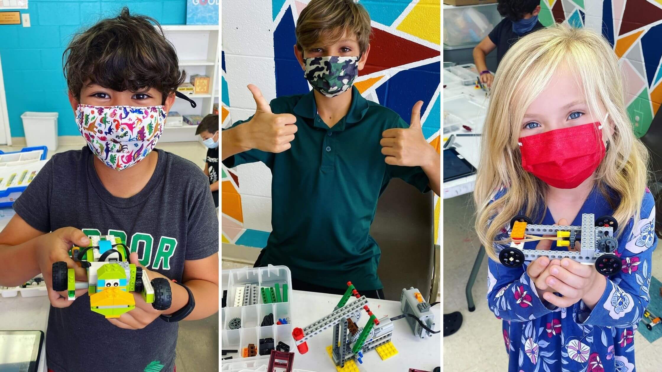 collage of 3 different children smiling with their lego creations